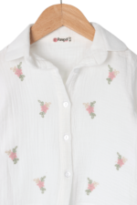 Kız Çocuk Zarif Çiçek Nakışlı Keten Gömlek ve Pantolon İkili Takımı Beyaz-Pembe - Görsel 5