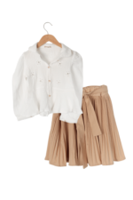Kız Çocuk Şık Piliseli Etek ve Gömlekli İkili Takımı Beyaz-Bej