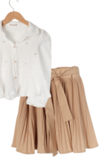 Kız Çocuk Şık Piliseli Etek ve Gömlekli İkili Takımı Beyaz-Bej - Görsel 2
