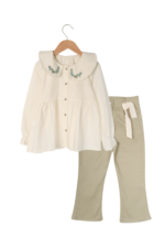 Kız Çocuk Bebe Yaka Çiçek Nakışlı Gömlek ve Pantolon İkili Takımı Krem-Yeşil