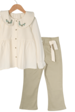 Kız Çocuk Bebe Yaka Çiçek Nakışlı Gömlek ve Pantolon İkili Takımı Krem-Yeşil - Görsel 2