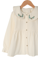 Kız Çocuk Bebe Yaka Çiçek Nakışlı Gömlek ve Pantolon İkili Takımı Krem-Yeşil - Görsel 3