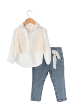 Kız Çocuk Zarif Dantel Yelekli ve Gömlekli 3'lü Takım Beyaz