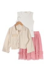 Kız Çocuk Lastikli Cetekli ve Türlü Etekli 3'lü Takım Bej-Pembe