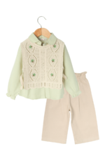 Kız Çocuk Nakış Detaylı Örgü Yelekli 3'lü Takım Yeşil