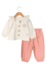 Bebek Kız Fırfırlı Yakalı Chery Nakışlı İkili Takım Krem