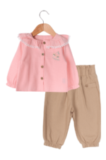 Bebek Kız Fırfırlı Yakalı Chery Nakışlı İkili Takım Pembe