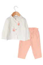 Kız Bebek Parlak Çiçek Nakışlı Gömlekli İkili Takım Krem