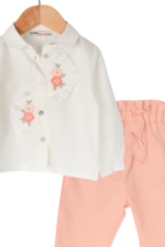 Kız Bebek Parlak Çiçek Nakışlı Gömlekli İkili Takım Krem - Görsel 2