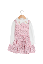 Kız Çocuk Nakışlı Yaka ve Çiçek Desenli Elbise Gömlek Takımı Pembe