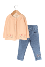 Kız Çocuk Çiçek Nakışlı Hırkalı ve Kot Pantolon 3’lü Takımı Somon