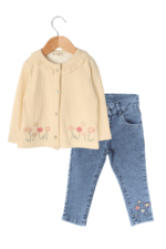 Kız Çocuk Çiçek Nakışlı Hırkalı ve Kot Pantolon 3'lü Takımı Krem
