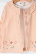 Kız Çocuk Çiçek Nakışlı Hırkalı ve Kot Pantolon 3’lü Takımı Somon - Görsel 2