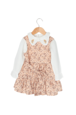 Kız Çocuk Nakışlı Yaka ve Çiçek Desenli Elbise Gömlek Takımı Bej