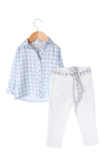 Kız Çocuk Kareli Gömlek ve Beyaz Pantolon İkili Takımı Mavi