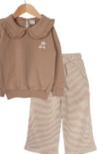 Kız Çocuk Bebe Yaka Detaylı Çiçek Nakışlı İkili Takım Bej - Görsel 2