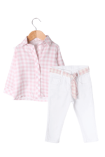 Kız Çocuk Kareli Gömlek ve Beyaz Pantolon İkili Takımı Pembe