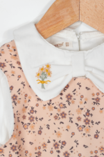 Kız Çocuk Nakışlı Yaka ve Çiçek Desenli Elbise Gömlek Takımı Bej - Görsel 2