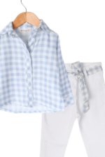 Kız Çocuk Kareli Gömlek ve Beyaz Pantolon İkili Takımı Mavi - Görsel 2