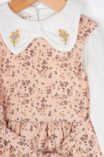 Kız Çocuk Nakışlı Yaka ve Çiçek Desenli Elbise Gömlek Takımı Bej - Görsel 5