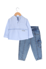Erkek Çocuk Çizgili Gömlekli Lastikli Pantolonlu Takım Mavi