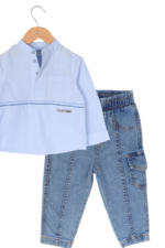 Erkek Çocuk Çizgili Gömlekli Lastikli Pantolonlu Takım Mavi - Görsel 2