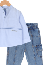 Erkek Çocuk Çizgili Gömlekli Lastikli Pantolonlu Takım Mavi - Görsel 3
