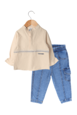 Erkek Bebek Çizgili Gömlek ve Kot Pantolon İkili Takımı Bej