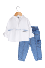 Erkek Bebek Çizgili Gömlek ve Kot Pantolon İkili Takımı Beyaz
