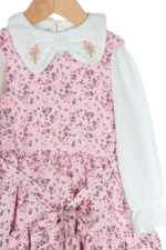 Kız Çocuk Nakışlı Yaka ve Çiçek Desenli Elbise Gömlek Takımı Pembe - Görsel 3