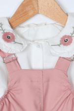 Kız Çocuk Çiçek Nakışlı Bebe Yaka Gömlek ve Salopet İkili Takımı Pembe - Görsel 2