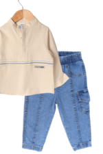 Erkek Bebek Çizgili Gömlek ve Kot Pantolon İkili Takımı Bej - Görsel 2