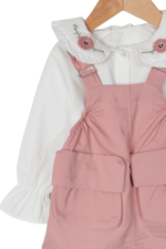 Kız Çocuk Çiçek Nakışlı Bebe Yaka Gömlek ve Salopet İkili Takımı Pembe - Görsel 3