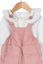 Kız Çocuk Çiçek Nakışlı Bebe Yaka Gömlek ve Salopet İkili Takımı Pembe - Görsel 4