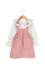 Kız Çocuk Çiçek Nakışlı Bebe Yaka Gömlek ve Salopet İkili Takımı Pembe