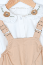 Kız Çocuk Çiçek Nakışlı Bebe Yaka Gömlek ve Salopet İkili Takımı Bej - Görsel 3