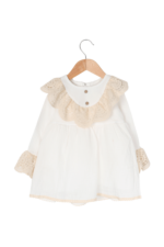 Kız Çocuk Zarif Geniş Dantel Detaylı Keten Elbisesi Krem