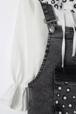 Kız Çocuk Desenli Bebe Yakalı Şifon Gömlek ve Salopet İkili Takımı Kot - Görsel 5