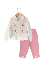 Kız Bebek Nakış Detaylı Örgü Yelekli 3’lü Takım Krem