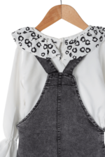 Kız Çocuk Desenli Bebe Yakalı Şifon Gömlek ve Salopet İkili Takımı Kot - Görsel 3