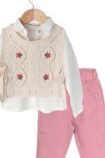 Kız Bebek Nakış Detaylı Örgü Yelekli 3’lü Takım Krem - Görsel 2