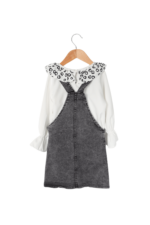 Kız Çocuk Desenli Bebe Yakalı Şifon Gömlek ve Salopet İkili Takımı Kot - Görsel 4