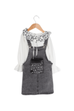 Kız Çocuk Desenli Bebe Yakalı Şifon Gömlek ve Salopet İkili Takımı Kot