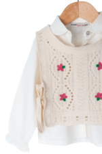 Kız Bebek Nakış Detaylı Örgü Yelekli 3’lü Takım Krem - Görsel 4