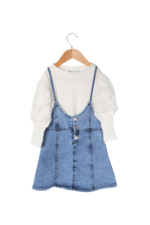 Kız Çocuk Kol Pul Nakışlı Kollu Tişört ve Salopet İkili Takımı Kot