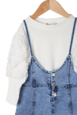 Kız Çocuk Kol Pul Nakışlı Kollu Tişört ve Salopet İkili Takımı Kot - Görsel 2