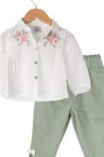 Kız Bebek Çiçek Nakışlı Gömlekli İkili Takım Krem - Görsel 5