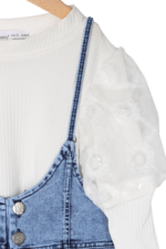 Kız Çocuk Kol Pul Nakışlı Kollu Tişört ve Salopet İkili Takımı Kot - Görsel 5