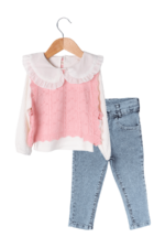 Kız Çocuk Fırfırlı Yaka Triko Yelekli ve Kot Pantolon 3'lü Takımı Pembe