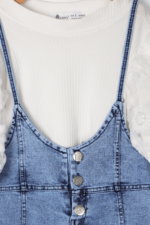 Kız Çocuk Kol Pul Nakışlı Kollu Tişört ve Salopet İkili Takımı Kot - Görsel 4